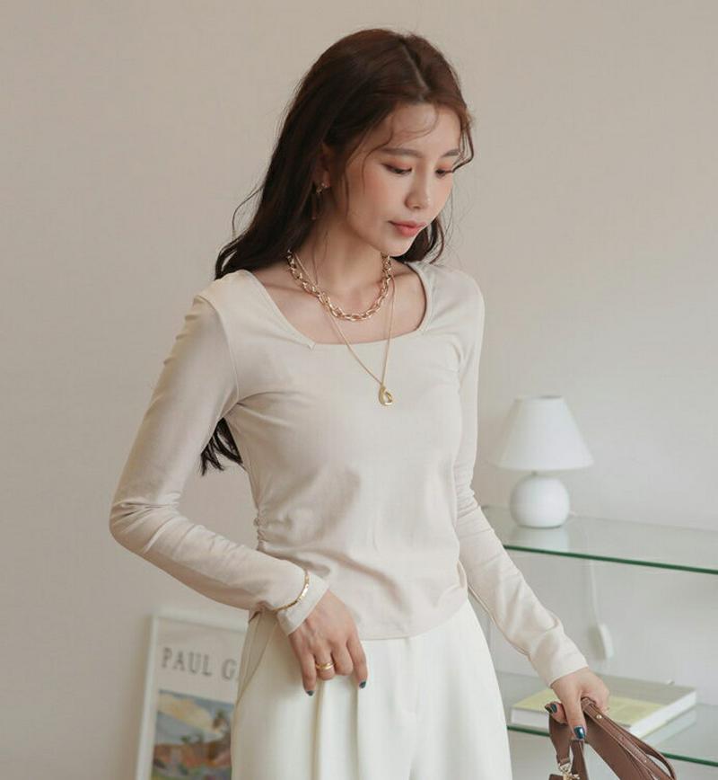 スクエアギャザーTシャツ・全3色・b58013 レディース 【tops】【トップス Tシャツ スクエアネック 長袖 スリム ギャ