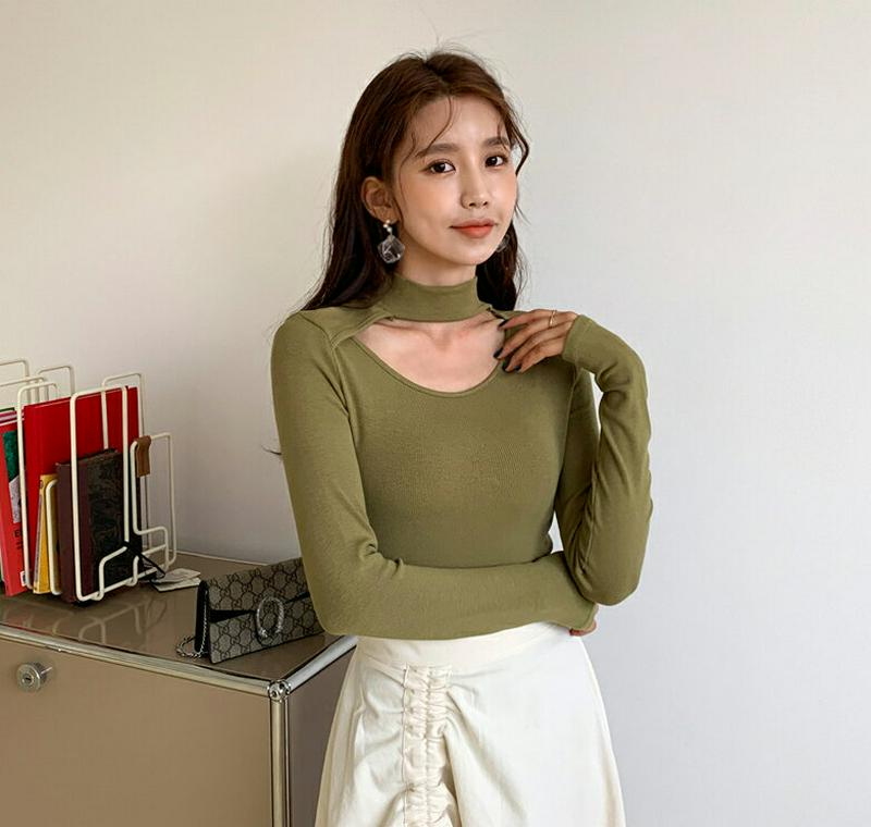 カットアウトスリムTシャツ・全3色・e58012 レディース 【tops】【トップス Tシャツ モックネック ハイネック スリッ