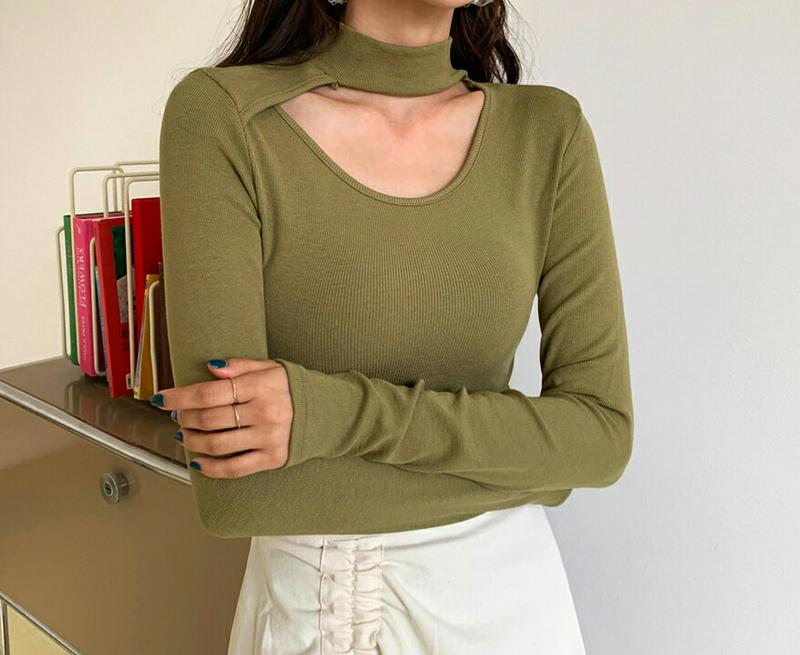 カットアウトスリムTシャツ・全3色・e58012 レディース 【tops】【トップス Tシャツ モックネック ハイネック スリッ