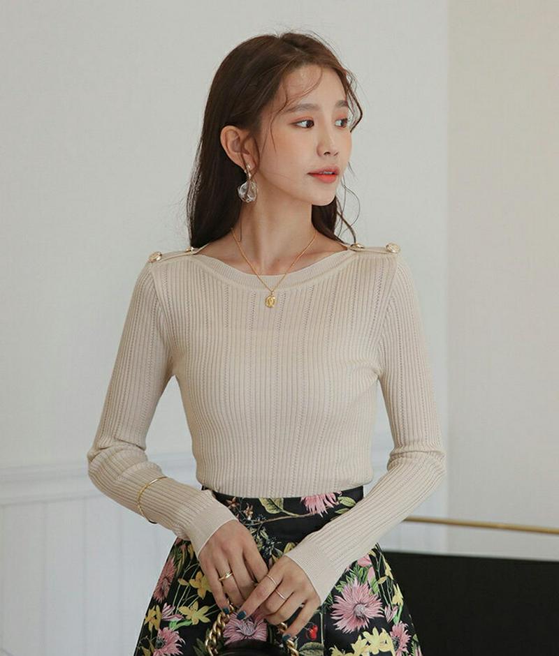ゴールドボタンボートネックニット・全3色・b58016 レディース 【tops】【トップス Tシャツ 長袖 ボートネック ニット