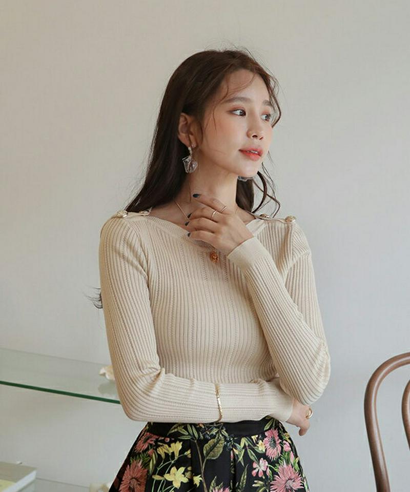ゴールドボタンボートネックニット・全3色・b58016 レディース 【tops】【トップス Tシャツ 長袖 ボートネック ニット