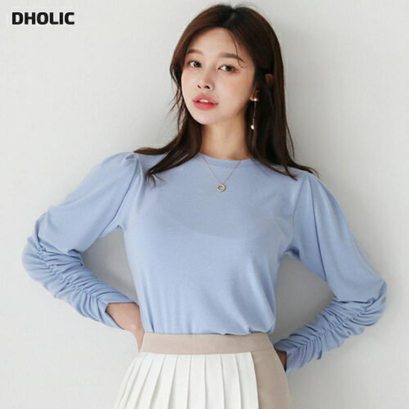 ギャザーラウンドネックTシャツ・全2色・t61154 レディース【tops】【トップス Tシャツ ギャザー 長袖 単色 ガーリー