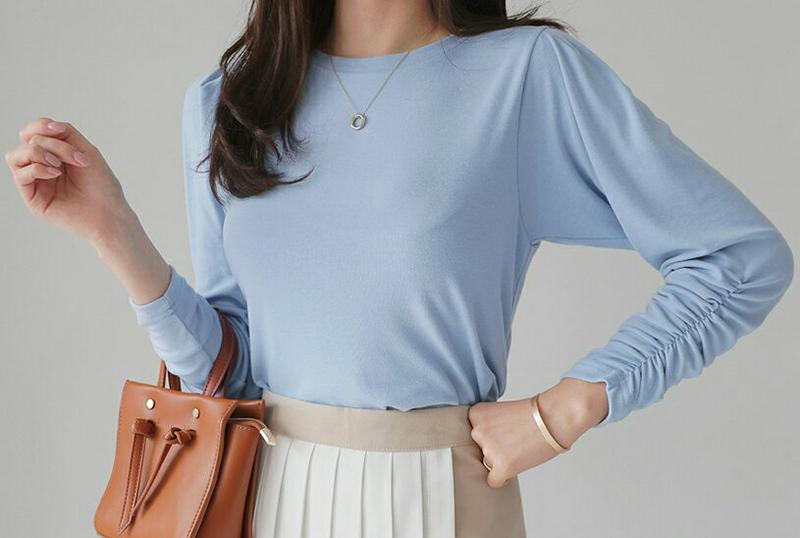 ギャザーラウンドネックTシャツ・全2色・t61154 レディース【tops】【トップス Tシャツ ギャザー 長袖 単色 ガーリー