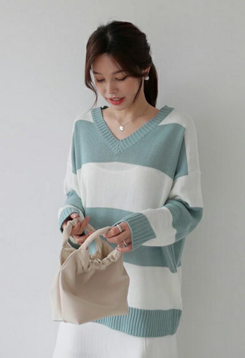 Vネックワイドボーダーニット・全4色・t61157 レディース【tops】【トップス ニット ニットトップス 長袖 ボーダー 柄