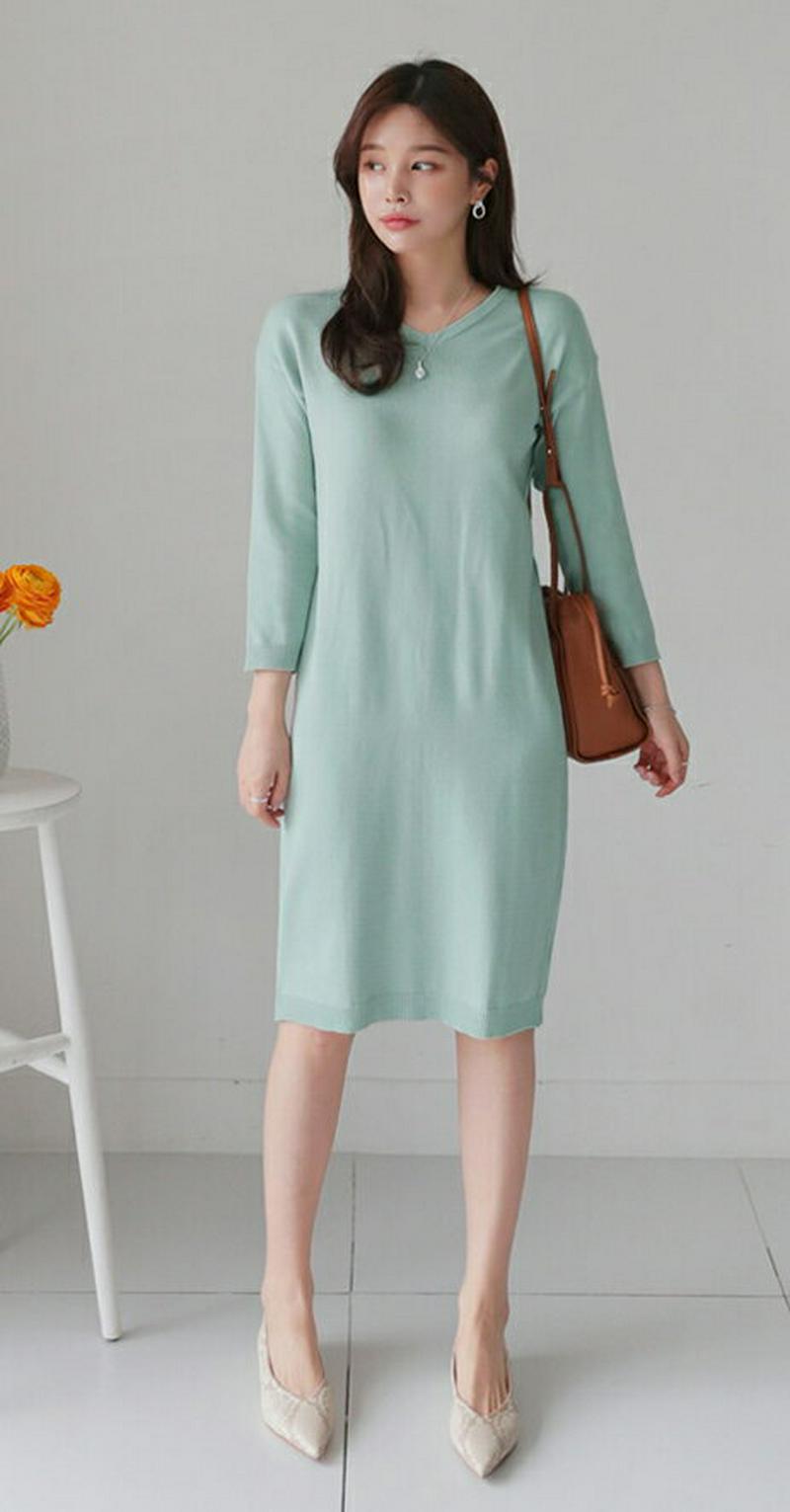 Vネックニットワンピース・全4色・b61164 レディース【ops】【ワンピース ミディ丈 ミディワンピース ミディアム ニット