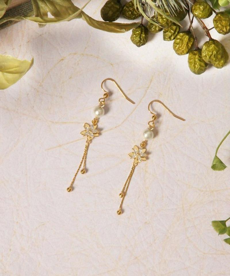 K14GFコットンパール×ガラスフラワーピアス