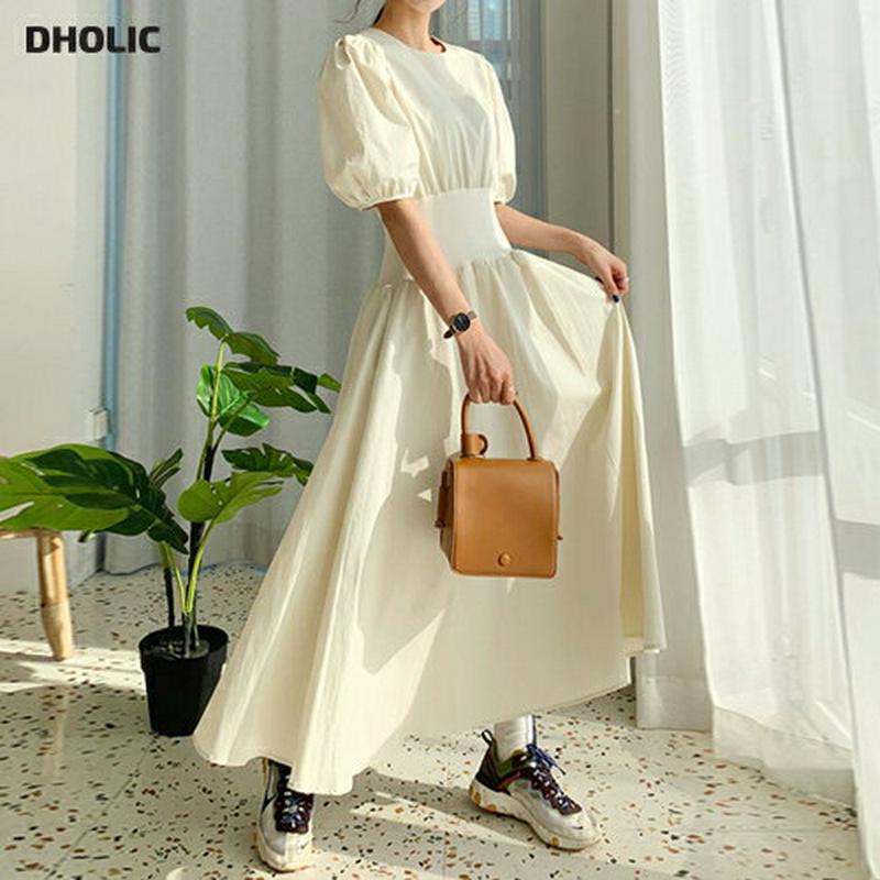 ウエストゴムパフワンピース・全3色・t54978 レディース 【ops】【ワンピース ロング丈 ロング フレア 無地 半袖 パフ