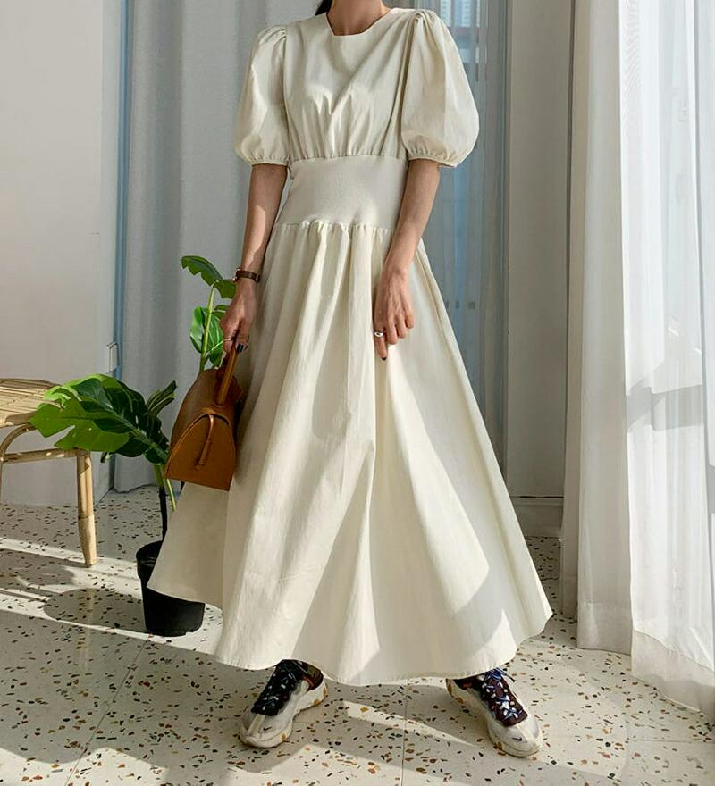 ウエストゴムパフワンピース・全3色・t54978 レディース 【ops】【ワンピース ロング丈 ロング フレア 無地 半袖 パフ