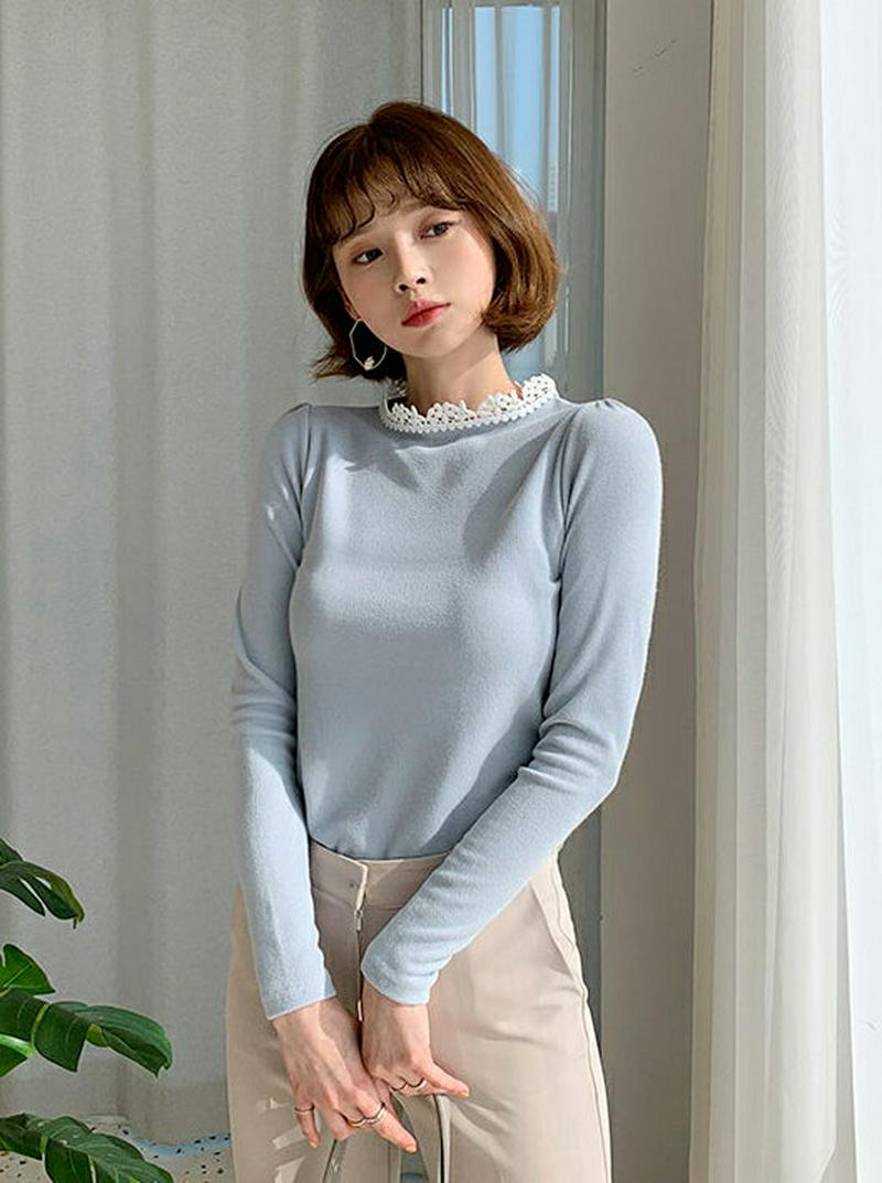 レースネックTシャツ・全4色・b54965 レディース 【tops】【トップス ハイネック レース 無地 Tシャツ スリム モッ