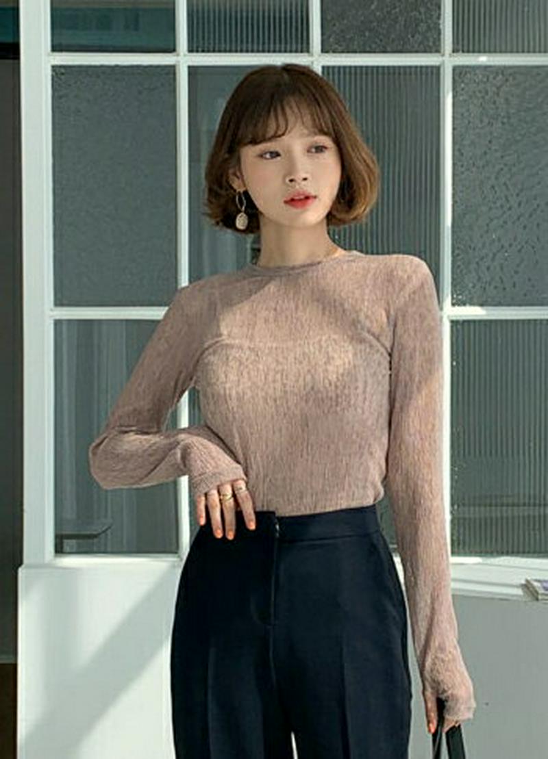 シアーリンクルTシャツ・全3色・t54961 レディース 【tops】【トップス Tシャツ リンクル シースルー スリム 長袖 
