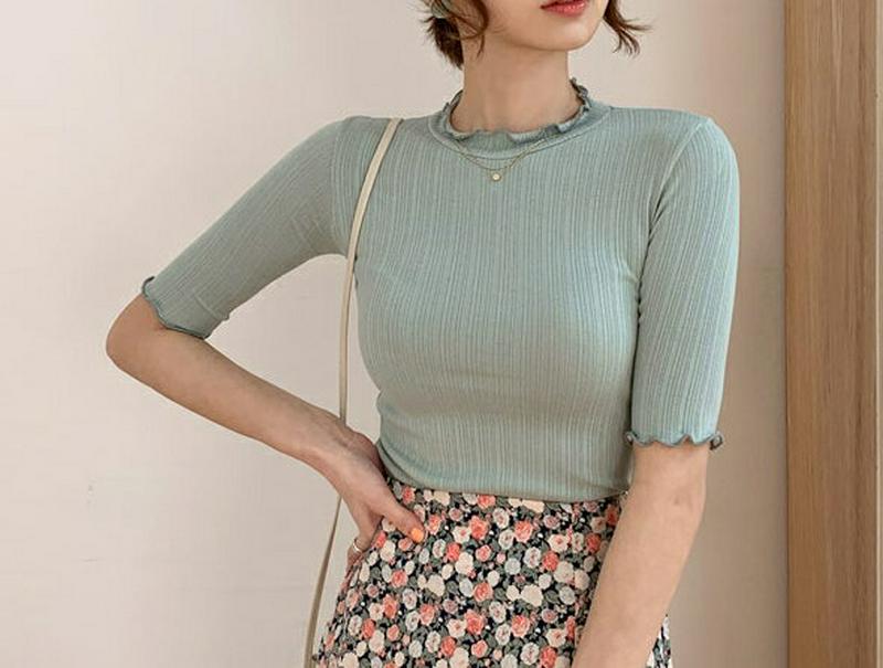 ウェーブスリム半袖Tシャツ・全5色・t54959 レディース 【tops】【トップス Tシャツ モックネック 半袖 リブ 無地 