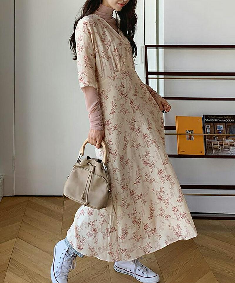 2WAYフローラルワンピース・全2色・b54976 レディース 【ops】【ワンピース ロング丈 ロング フレア Vネック リバ