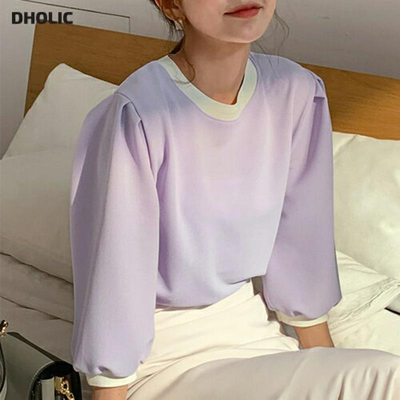 コントラストカラーTシャツ・全3色・b54963 レディース 【tops】【トップス ブラウス 半袖 5分丈 パフスリーブ 無地