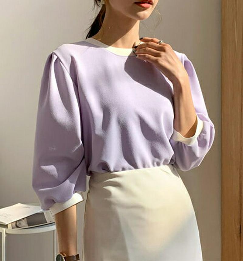 コントラストカラーTシャツ・全3色・b54963 レディース 【tops】【トップス ブラウス 半袖 5分丈 パフスリーブ 無地