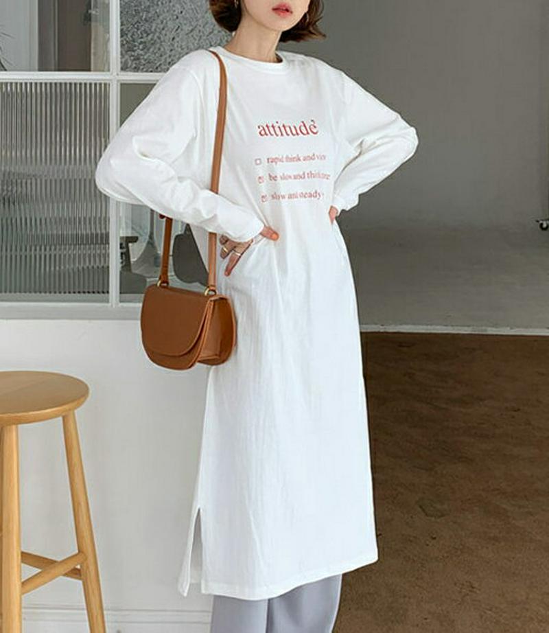 レタリングロングワンピース・全3色・t54973 レディース 【ops】【ワンピース ロング丈 ロング レタリング 長袖 スリッ