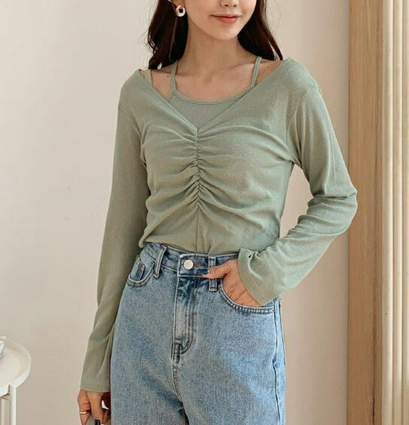 ギャザーTシャツ&スリーブレスSET・全4色・t54960 レディース 【tops】【トップス レイヤード キャミソール 長袖 