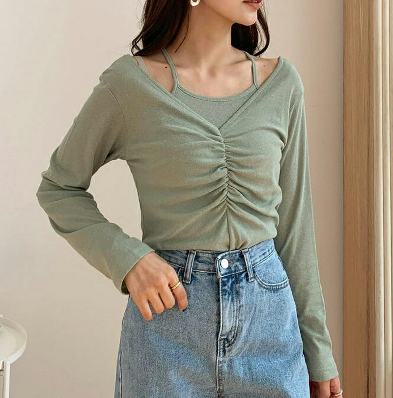 ギャザーTシャツ&スリーブレスSET・全4色・t54960 レディース 【tops】【トップス レイヤード キャミソール 長袖 