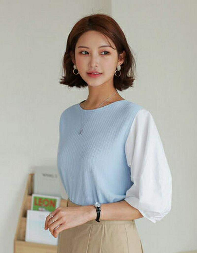 コントラストパフスリーブTシャツ・全2色・t61267 レディース【tops】【トップス Tシャツ 半袖 ハーフスリーブ 半端丈