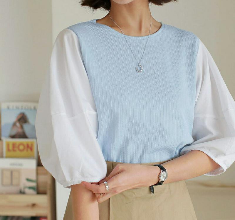 コントラストパフスリーブTシャツ・全2色・t61267 レディース【tops】【トップス Tシャツ 半袖 ハーフスリーブ 半端丈