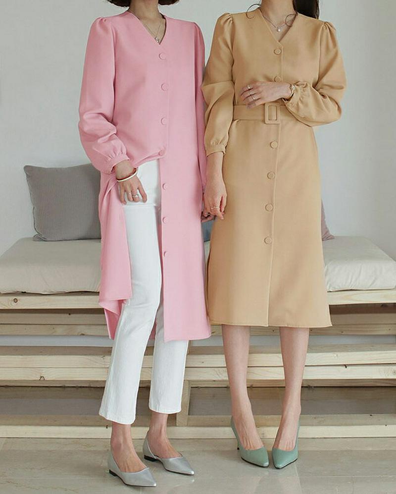 ベルト付Vネックワンピース・全3色・b61283 レディース【ops】【ワンピース ミディ丈 ミディワンピース 長袖 Vネック 