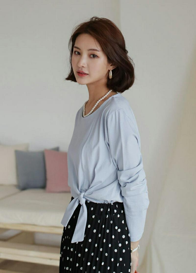 リボンポイントTシャツ・全4色・b61268 レディース【tops】【トップス Tシャツ 長袖 リボン りぼん 単色 大人 くす