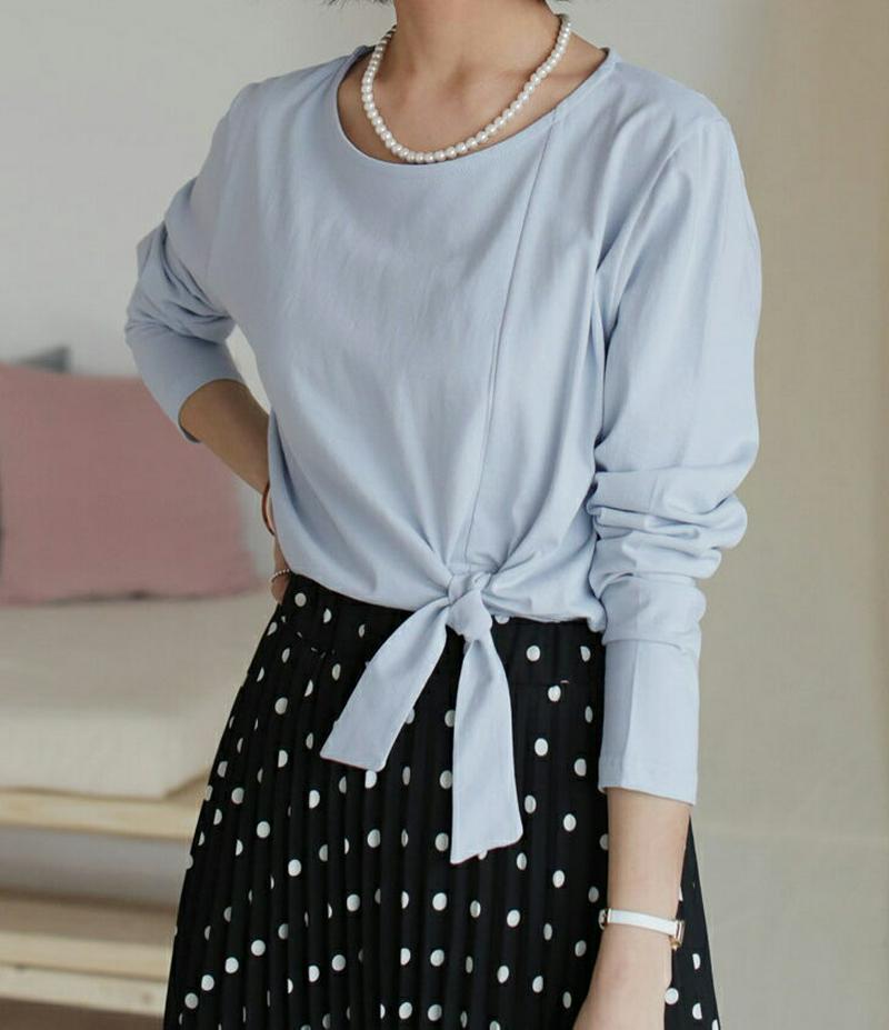 リボンポイントTシャツ・全4色・b61268 レディース【tops】【トップス Tシャツ 長袖 リボン りぼん 単色 大人 くす