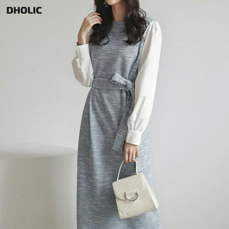 ストラップ付ツイードワンピース・全2色・b55022 レディース 【ops】【ワンピース ロング丈 ロング ツイード 切り替え 