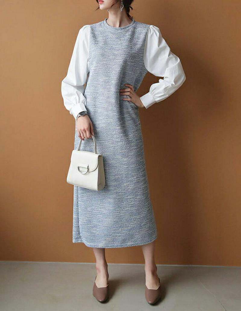 ストラップ付ツイードワンピース・全2色・b55022 レディース 【ops】【ワンピース ロング丈 ロング ツイード 切り替え 
