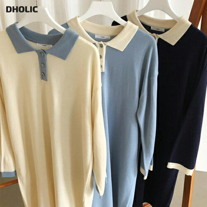 配色ポロカラーニットワンピース・全3色・t55020 レディース 【ops】【ニット ワンピース ロング丈 ロング シャツ ポロ