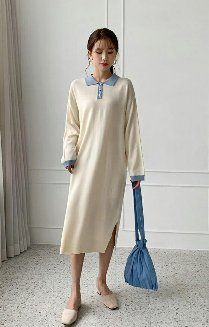 配色ポロカラーニットワンピース・全3色・t55020 レディース 【ops】【ニット ワンピース ロング丈 ロング シャツ ポロ