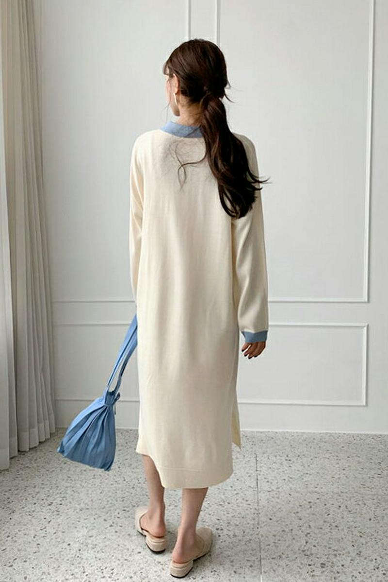 配色ポロカラーニットワンピース・全3色・t55020 レディース 【ops】【ニット ワンピース ロング丈 ロング シャツ ポロ