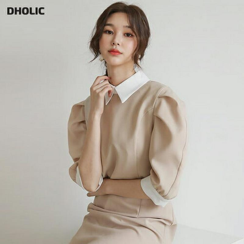 配色カラーパフワンピース・全2色・t55019 レディース 【ops】【ワンピース ロング ロング丈 半袖 5分丈 シャツ 配色