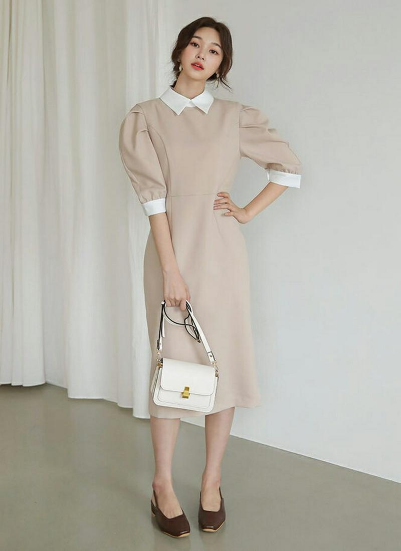 配色カラーパフワンピース・全2色・t55019 レディース 【ops】【ワンピース ロング ロング丈 半袖 5分丈 シャツ 配色