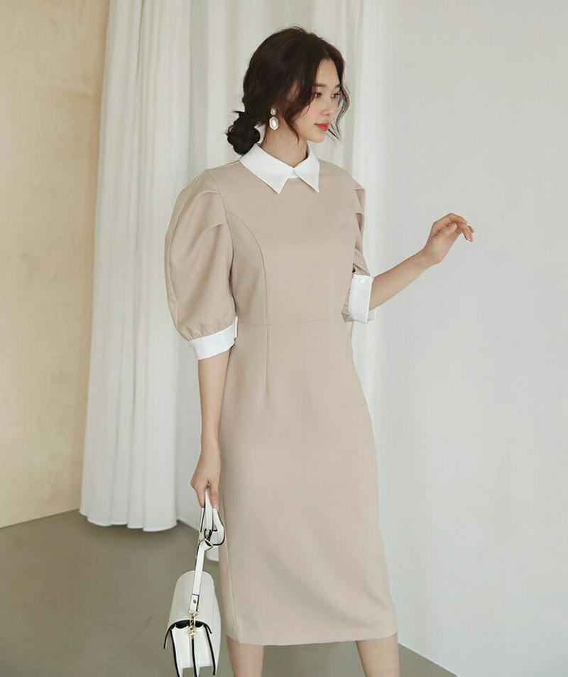 配色カラーパフワンピース・全2色・t55019 レディース 【ops】【ワンピース ロング ロング丈 半袖 5分丈 シャツ 配色