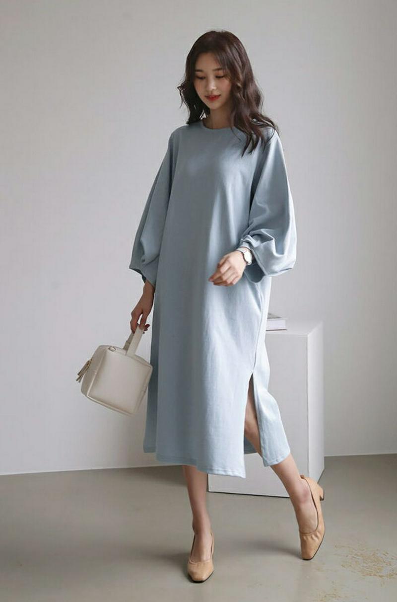 タックパフスリーブワンピース・全4色・t55021 レディース 【ops】【ワンピース ロング丈 ロング スリット 長袖 7分丈