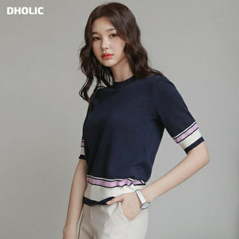 配色ヘム半袖ニット・全3色・b55008 レディース 【tops】【トップス ニット Tシャツ 半袖 5分丈 配色 スリム クロ
