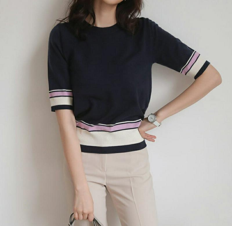 配色ヘム半袖ニット・全3色・b55008 レディース 【tops】【トップス ニット Tシャツ 半袖 5分丈 配色 スリム クロ