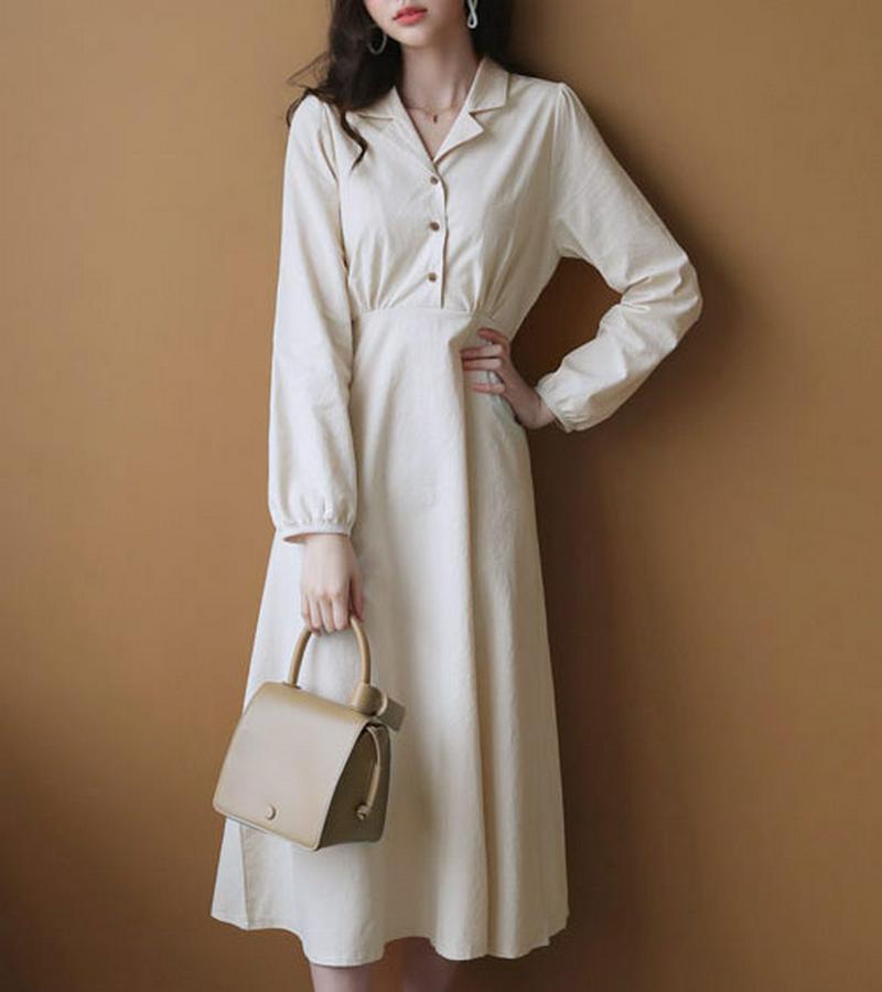 開襟フレアワンピース・全2色・t55001 レディース 【ops】【ワンピース ロング丈 ロング フレア シャツ 長袖 無地 タ