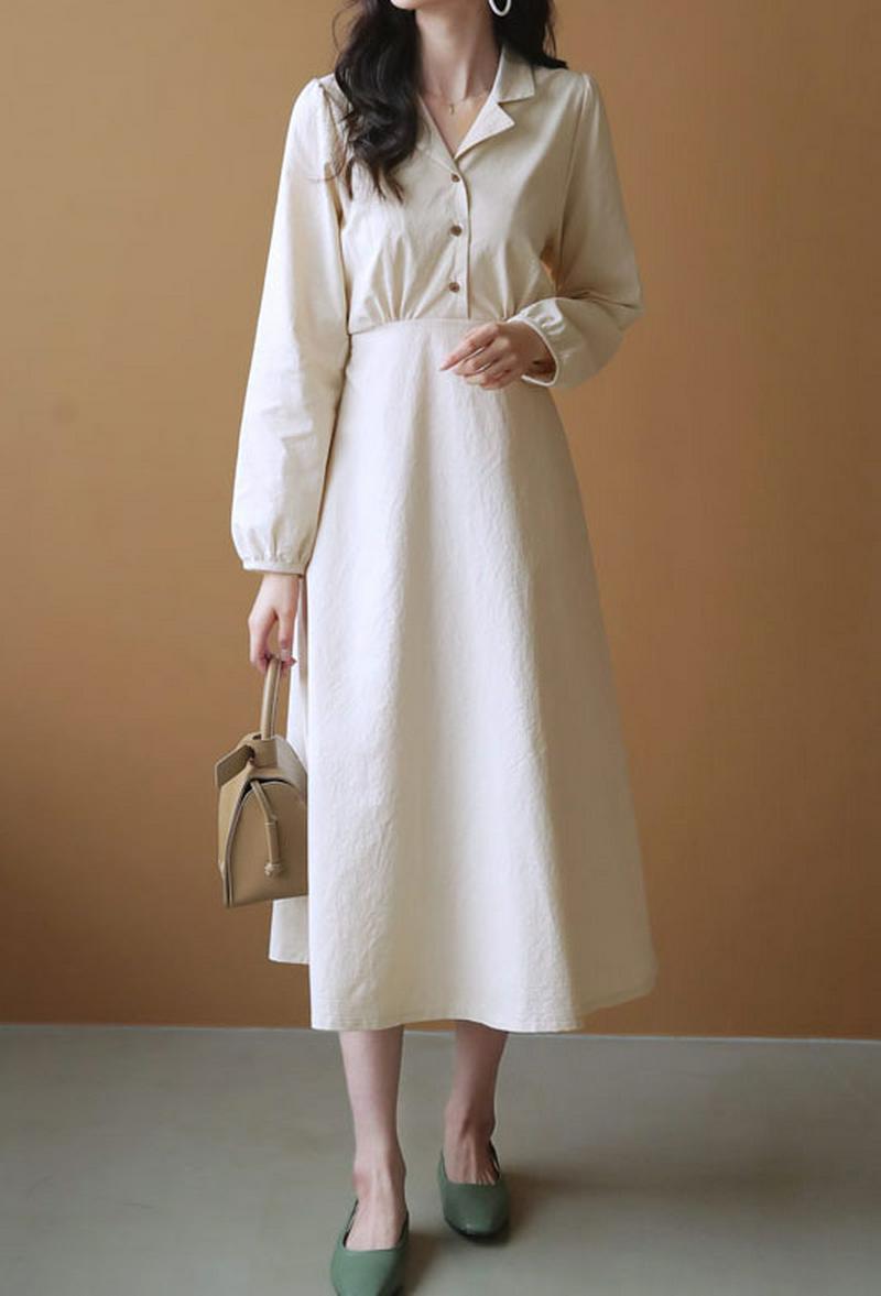 開襟フレアワンピース・全2色・t55001 レディース 【ops】【ワンピース ロング丈 ロング フレア シャツ 長袖 無地 タ