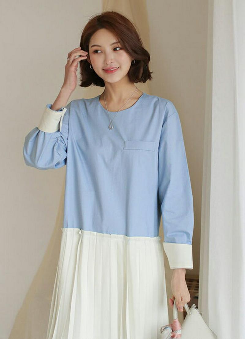 プリーツコントラストワンピース・全2色・b61282 レディース【ops】【ワンピース ミディ丈 ミディワンピース 長袖　レイヤ