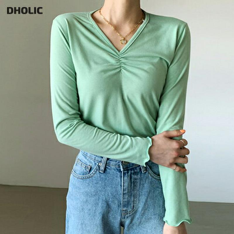 ギャザーVネックTシャツ・全3色・b58298 レディース 【tops】【トップス Tシャツ ギャザー Vネック 長袖 スリム 