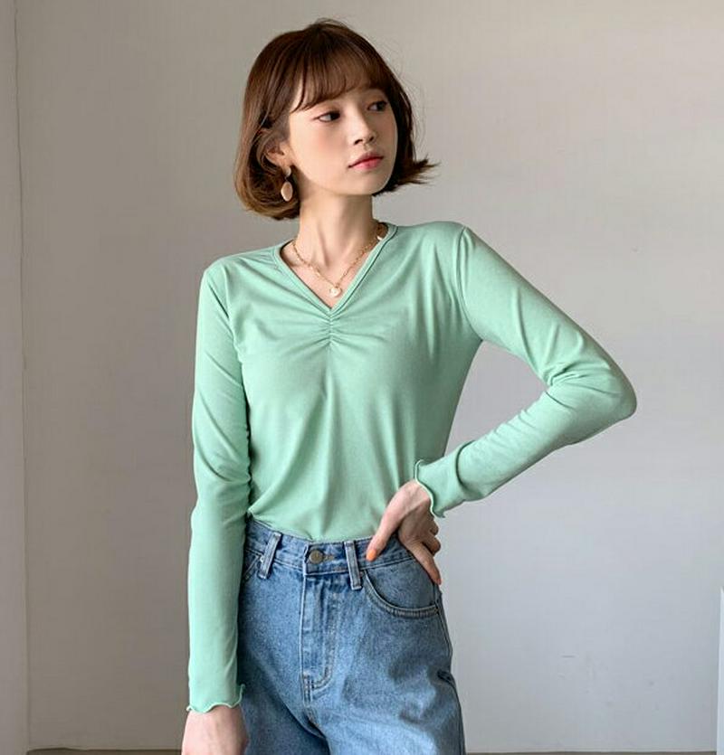 ギャザーVネックTシャツ・全3色・b58298 レディース 【tops】【トップス Tシャツ ギャザー Vネック 長袖 スリム 