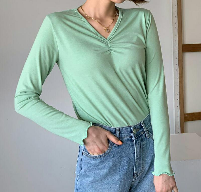 ギャザーVネックTシャツ・全3色・b58298 レディース 【tops】【トップス Tシャツ ギャザー Vネック 長袖 スリム 