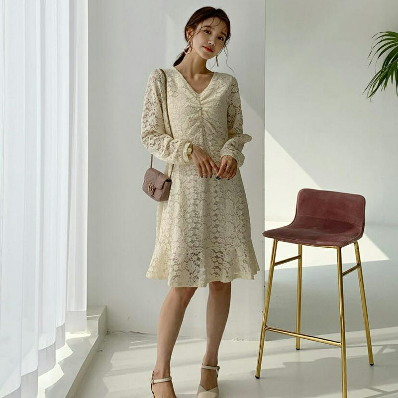 ギャザーレースワンピース・全3色・t55507 レディース 【ops】【ワンピース ミディ丈 ミディ レース フレア シースルー