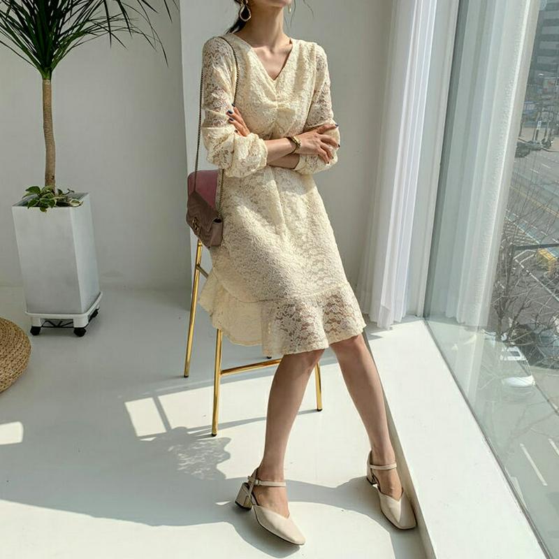 ギャザーレースワンピース・全3色・t55507 レディース 【ops】【ワンピース ミディ丈 ミディ レース フレア シースルー