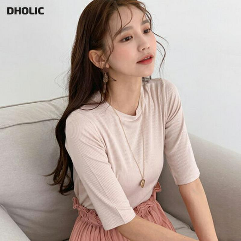 リブハーフスーブTシャツ・全6色・b55502 レディース 【tops】【トップス Tシャツ 半袖 5分丈 リブ スリム 無地 