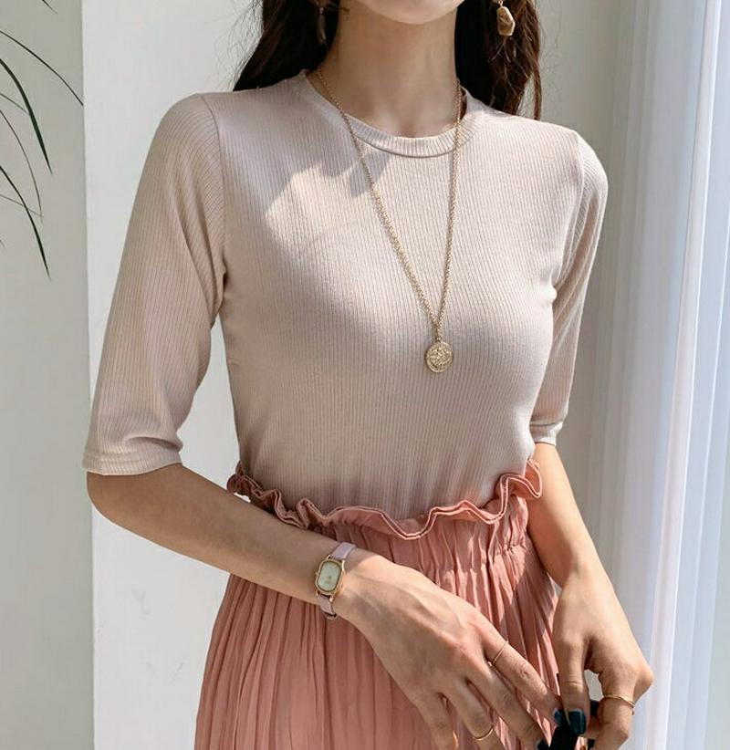 リブハーフスーブTシャツ・全6色・b55502 レディース 【tops】【トップス Tシャツ 半袖 5分丈 リブ スリム 無地 