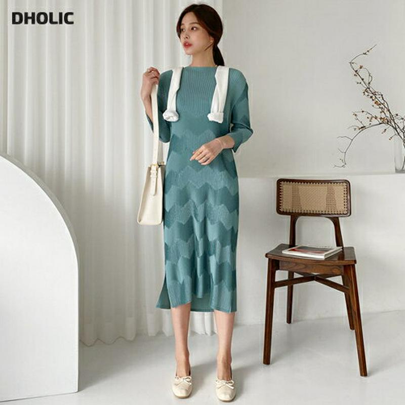 ジグザグプリーツワンピース・全4色・b61258 レディース【ops】【ワンピース ミディ丈 ミディワンピース 七分袖 7分袖 