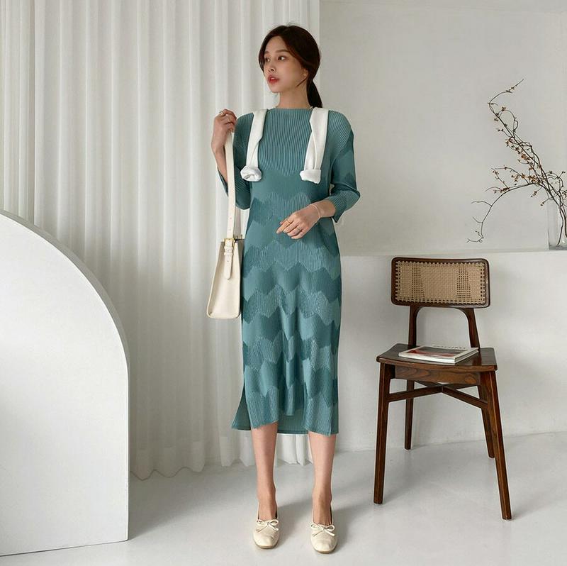 ジグザグプリーツワンピース・全4色・b61258 レディース【ops】【ワンピース ミディ丈 ミディワンピース 七分袖 7分袖 