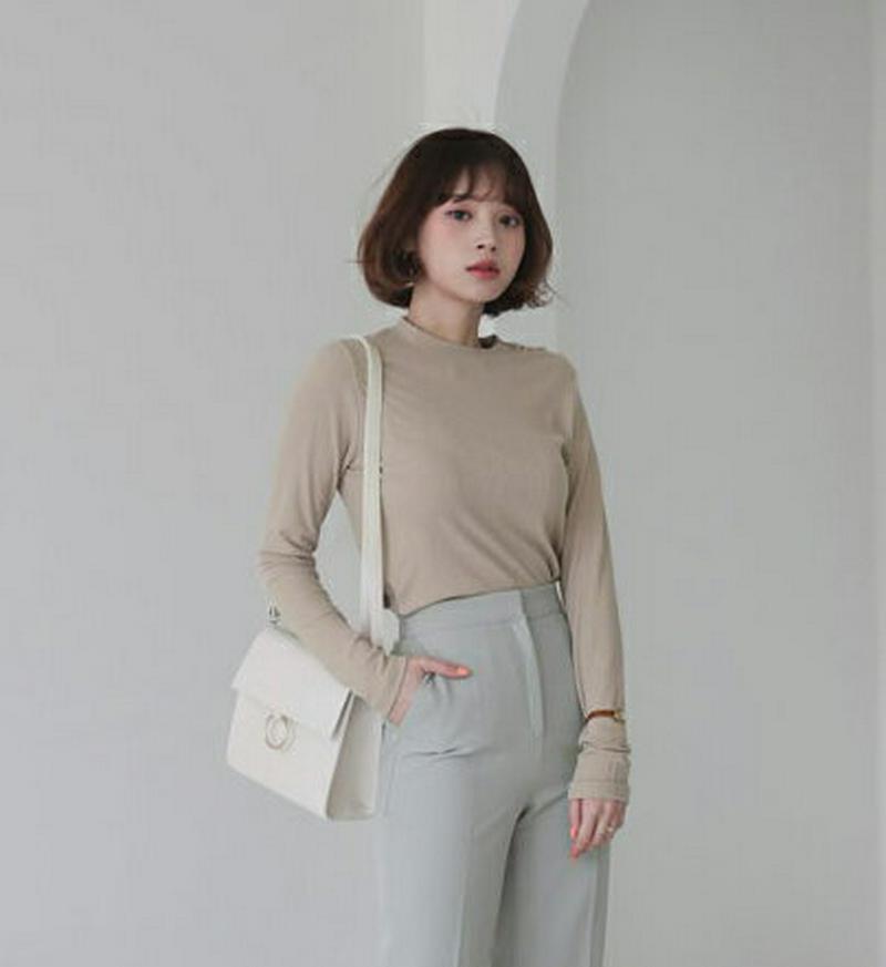 ショルダーボタンリブTシャツ・全3色・t58145 レディース 【tops】【トップス Tシャツ 長袖 ボタン リブ スリム 無